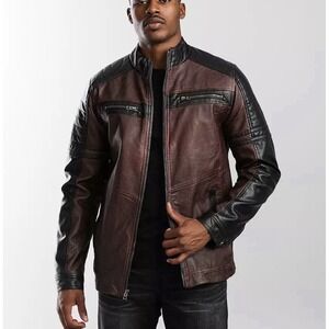 Buckle Faux Leather Jacket M Black Maroon Biker Full Zip Grunge Motorcycle Y2K